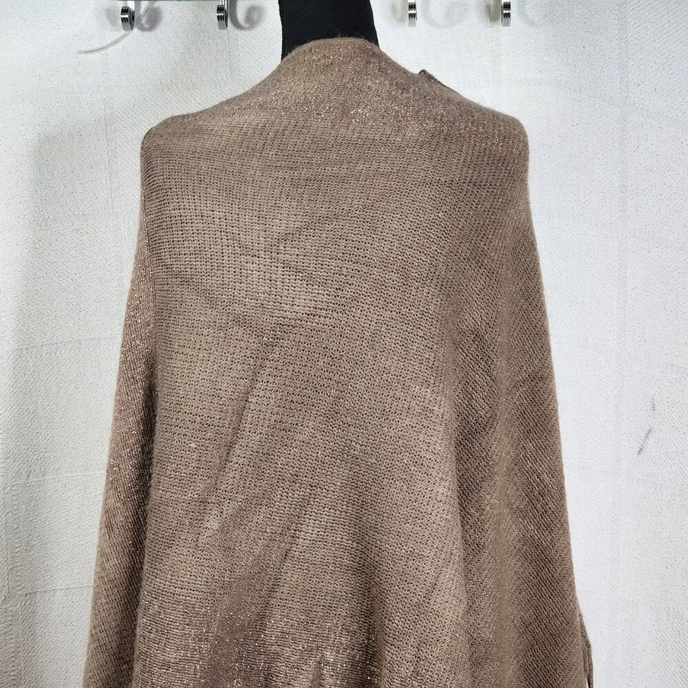 Unbranded Womens Dark Tan with Gold Metallic Trim Acrylic Sweater Poncho OSFM - Picture 11 of 16